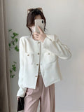 White Elegant Tweed Jacket Women Slim Long Sleeve O Neck Chic Sweet Short Coat Fall Winter French Female Fashion New Tops