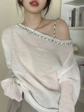 Pbong  Knitting Pullovers Women's Clothing Sexy Slash Neck Tunic Jumper Off Shoulder Diamond Sweater Y2k Tops Korean Chic
