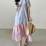 Pbong  Chic round Ne Striped Color Blo Loose Knee-Length Midi Dr Women's Frou Frou Skirt Commute Sle ort Sve Summer Dr