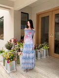 Romance Off The Shoulder Floral Sleeveless Mesh Top Gradient Blue Summer Tank Top Woman 2025 Korean Fashion