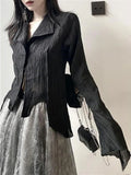 Y2k Blouse Women Vintage Black Shirt Gothic Harjauku Pleated Button Up Korean Dark Tight Long Sleeve Aesthetic Female