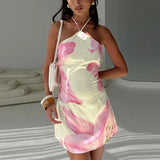 Halter Contrast Print Dress For Women Lace Up Fashion Slim Mini Dress A-line Vacation Party Dress Female Elegant New