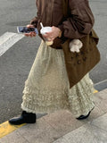  Vintage Floral Half Skirt Women Spring Edge of Fungus Cake Skirts A-line Elastic Waist Skirt Korean Style Y2k Faldas