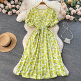 Pbong  Women Dress Fashion Romantic Floral Print Drawstring Waist Long Summer Dress Vacation Korean Party Vestidos