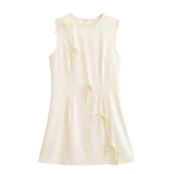Chic Bow Lace Up Short Dress New Round Neck Slim Sleeveless Summer Dress For Women Beige Solid Color All-match Vestidos