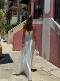 Elegant White Satin Drawstring Tie Backless Long Dress Women High Waist Square Neck Slim Sling Dresses New Sexy Beach Robes