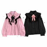 Pbong  Lolita Style Sweet Shirts For Women Long Sleeve Bow Japanese Blouses Blusas Mujer De Moda Hollow Out Lace Summer Cute Tops