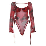 Spring New Red Spot Print Distinctive All-Match High Street Tight Sexy Hot Cool Women'S Thin Long-Sleeved Jumpsuit