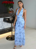 Summer Backless Print Maxi Dress Women Beach Holiday Gown Elegant Halter Deep V Neck Sleeveless Bodycon Long Dress
