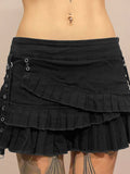 Punk Gothic Black Eyelet Ribbon Denim Skirt Women Low Waist Asymmetrical Tiered Pleated Short Jean Skirts Y2K