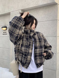 Winter Vintage Warm Plaid Parkas Women Thick Loose Long Sleeve Cute Cotton Coat Casual American Retro Stand Collar Y2K Tops