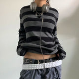 Women Fairy Grunge Knit Basic Shirt Autumn Y2K Grey Black Striped Long Sleeve Round Neck Tops Emo Tee
