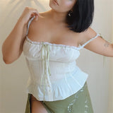 White Y2k Crop Top Cute Bow Square Collar Ruffles Sleeveless Tops Women Harajuku Button up Fairycore Tee Chic Korean Summer Tops