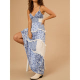 Pbong  Women Summer Boho Lace Trim V-Neck Smocked Adjustable Spaghetti Strap Cross Backless Ruffled Floral A-Line Long Dress