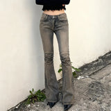 Pbong  Street Fashion Do Old Slimming Micro Flared Jeans Vintage Low Rise Folds Grey Pockets Full Length Trousers Fashion Denim Pants