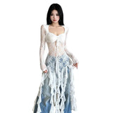 New Autumn and Winter Women's Clothing Sexy Pure Lust Lace Splicing Design Hollow Square Collar Fungus Top