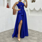 Women Maxi Dress Summer Elegant Solid Cross Tip Up Sleeveless Irregular Pleated Hollow Out Evening Dresses Streetwear