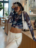 Fashion Female Mesh Crop Top Sheer Print round Neck Long Sleeve T-Shirt Pullover Sexy Y2K Harajuku Streetwear Top