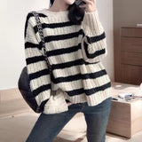 Striped Crew Neck Sweater Women Pullovers Long Sleeve Crewneck Knitted Jumper Ladies Fall Winter Casual Outfit