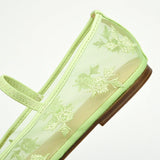 Pbong  Green Embroidered Mesh Ballet Flats for Women Square Toe Elastic Band Slip on Mary Janes Shoes Ladies Casual Soft Summer Loafers