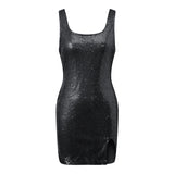 Pbong  Women's Sequin Square Neck Bodycon Mini Dress Y2K Side Slit Sparkly Cocktail Party Short Dresses Evening Gown Wear