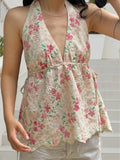 Women Floral Print Tank Tops V-Neck Tie-Up Halter Casual Vest Summer Sleeveless Tops Streetwear