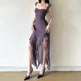 Pbong  Skinny High Waist Strapless Dresses Summer Women's Dress New Sexy Solid Solid Mesh Ruffle Edge Split Maxi Hip Wrap Dress