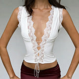Euramerican Spice Women Deep V Neck Cross Lace Up Camisole Harajuku Spliced Lace Edge All Match Thin Summer Clothe Y2k Punk Tops