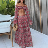 Pbong  Sexy Casual Floral Print Shoulder Bared Short Top Long Skirt Set Women's Cross-Border Clothing Polyester Fiber Floor-Length