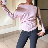 y2k Tops for Women Aesthetic Clothing Solid Color Oblique Neck Long Sleeve Crop T Shirts 2000s Clothes Streetwear