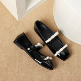 Pbong  PU Leather Bow Tie Shoes Women Black Flats Mary Janes Shoes Ladies Elegant Square Toe Spring Autumn Silver Loafers New