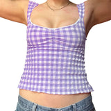 y2k Tops for Women Summer Fairycore Clothing Plaid Print Lace Trim Sleeveless Tanks T Shirts 2000s Clothing Streetwear