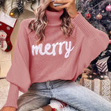 Pbong  Christmas Fashion Autumn Winter Knit Sweaters Turtleneck Sweater Women Elegant Merry Letter Print Long Sleeve Pullovers Female