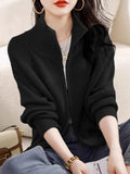 Women's Zip Up Sweater Cardigan Cozy Knit Stand Collar Zipper Front Plain Sweater Jacket Female Korean Chic Fall Winter Outfit