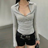 Pbong  Casual Button Striped T Shirt Basic Slim Turn-Down Collar Long Sleeve Tees Women Autumn Spring Fashion Streetwear Ladies