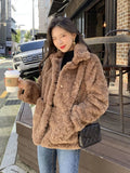 Faux Lamb Vintage Coat Women Long Sleeve Winter Warm Sweet Jacket Korean Casual Female Pockets Solid Slim Retro Outwear Top