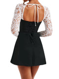 HOUZHOU Short Dresses for Women Sexy Slim Lace Patchwork Long Sleeve Backless Lace-up Elegant Party Dress Graduation Summer
