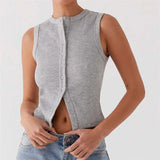 Vintage Ribbed Women Button Tank Tops Casual Summer Solid Color Sleeveless Crop Tops Basic Vest Y2K Aesthetic Clothes Streetwear