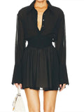 Pbong  Women Elegant Shirt Dress Mesh Sheer Long Sleeve Turn-Down Collar Pleated A-line Mini Dress Autumn Vintage Sexy Clothes