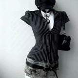 Women's Blouse Polo Neck Short Sleeve Striped Single Breasted Regular Length Tops For Women Female Clothing Woman Clothes