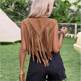 Pbong  Women Summer Y2K Vintage Boho Cowgirl Vest Tops Sleeveless Open Stitch Tassel Cardigan Beachwear Waistcoat Streetwear