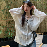 Knitted Hollow Out Shirt Women White Loose Lace Up Long Sleeve T Shirt Korean Fashion Chic Y2K Preppy Style Thin Tops New