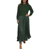 Pbong  Autumn Winter Elegant Patchwork Knitted Sweater Long Dresses Office Ladies O Neck Long Sleeve Mid Waist Pleated Knitting Dresses