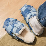 Pbong Fringe Tassel Denim Fleece Flats Shoes Women Winter Short Plush Jeans Patchwork Fashion Slippers Round Toe Warm Unisex Slidess