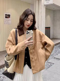 American Faux Suede Jacket Women Retro Loose Streetwear Y2K Coat Casual Fall Winter Long Sleeve Pockets Female Vintage Tops