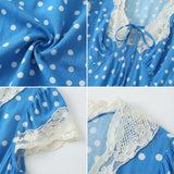 Pbong  Women Retro French Style Blue Polka Dot Spliced Lace Bow V neck Short Sleeve Dress Summer Maxi Long Dresses Robe Femme Vestidos