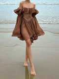 Brown Pleated Off Shoulder Ruffles Patchwork Sundress