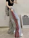 Pbong  Vintage Women Striped Sweatpants High Waist Loose Streetwear Trousers American Retro Lace Up Patchwork Bf Wide Leg Pant