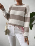 Women's autumn and winter contrasting striped round neck pullover knitted sweater