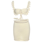 Sexy Crochet Applique Patchwork 2 Piece Set Women  Backless Crop Tops+Bandage Hollow Skirts Vacation Beach Party Suits